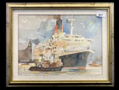 James Reynolds Watercolour of QE2, mounted, framed and glazed, depicting QE2 Liverpool July 90,