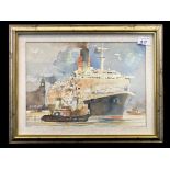 James Reynolds Watercolour of QE2, mounted, framed and glazed, depicting QE2 Liverpool July 90,
