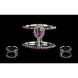 Ladies - 18ct White Gold Modern Fashion Rubies and Diamonds Set Ring of Unusual Form.