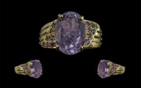 Ladies Attractive 9ct Gold Amethyst Set Dress Ring - Full Hallmark to Shank.