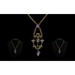 Edwardian Period Attractive 9ct Gold Amethyst and Seed Pearl Set Pendant - Necklace Excellent