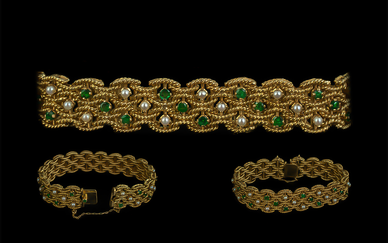 18ct Gold Attractive Emerald and Pearl Set Bracelet ' Basket Weave Rope ' Design. Not Marked but