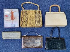 Collection of High Quality Vintage Handbags, comprising five 1960's exotic leather handbags,