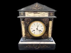 A 19th Century French Black Slate Architectural Clock, column supports and panels.