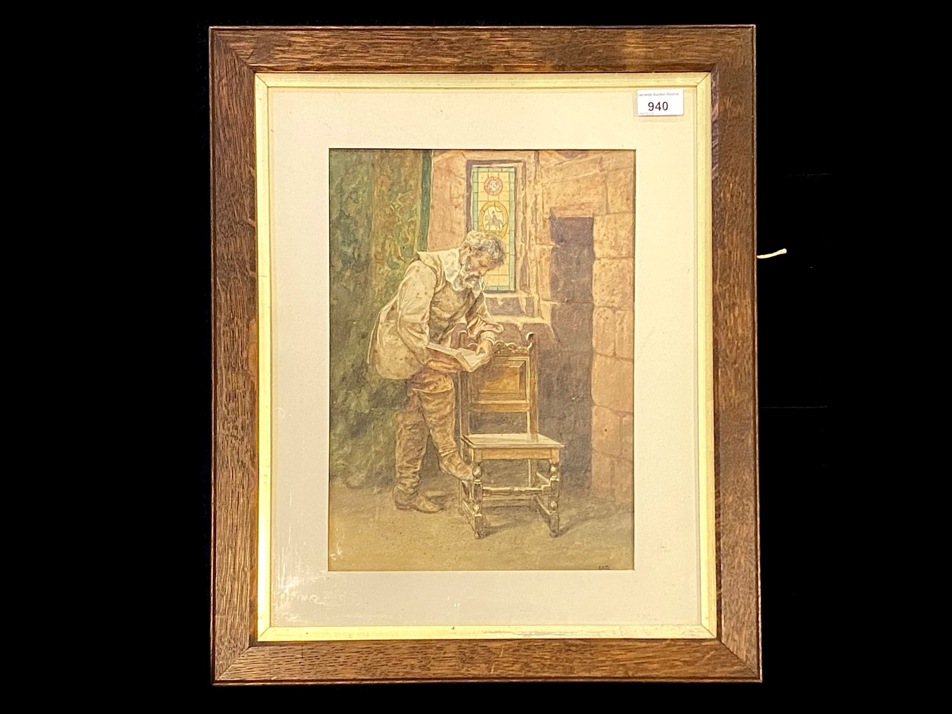 Late 19th/Early 20th Century Watercolour, of a learned man with a book. Mounted, framed and