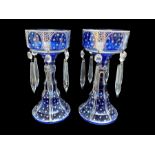 Pair of Victorian Glass Mantle Lustres, with glass prisms. Decorated with blue and silver designs.