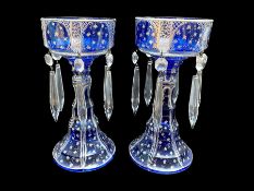 Pair of Victorian Glass Mantle Lustres, with glass prisms. Decorated with blue and silver designs.