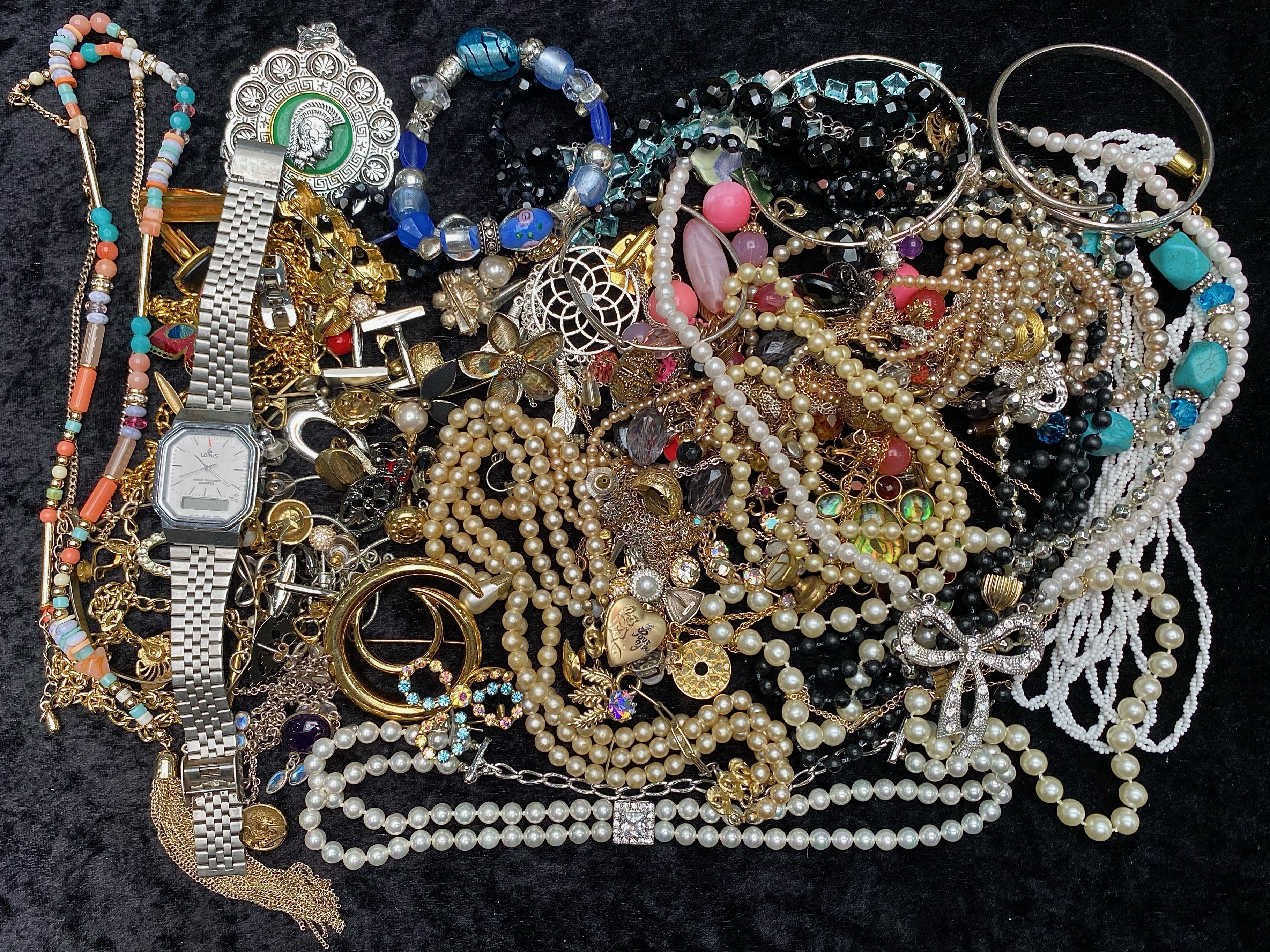Collection of Costume Jewellery, including beads, pearls, chains, bangles, earrings, watches,