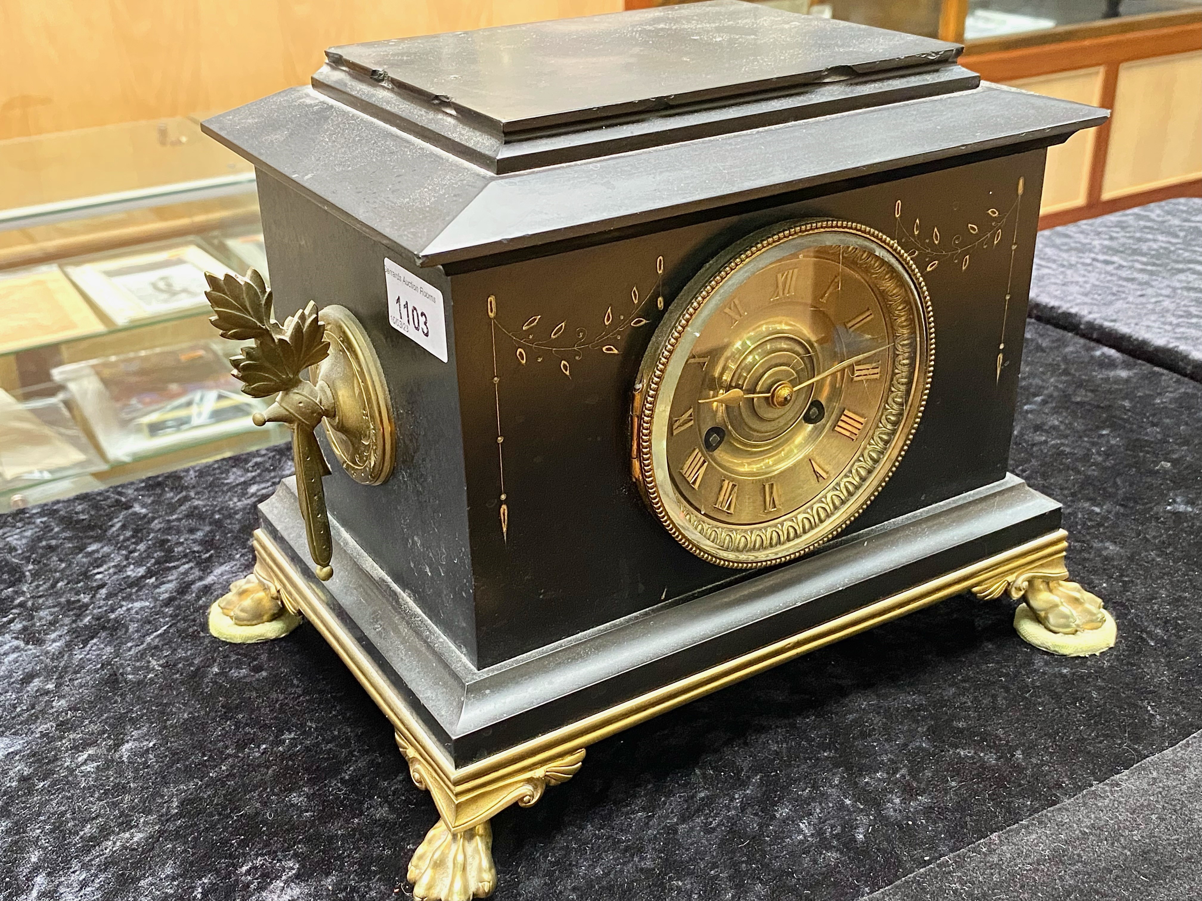 Victorian Black Marble Mantle Clock, brass dial with Arabic numerals, - Image 2 of 3