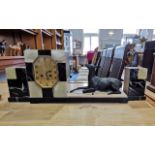 Art Deco French Marble Clock Garniture Set, comprising central square clock with champagne dial,