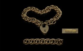 Antique Period 9ct Gold Triple Link Bracelet - With A Heart Shaped 9ct Gold Padlock. Marked 9ct.