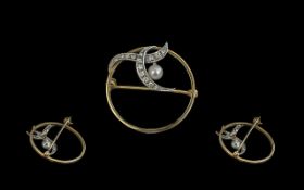 Antique Period Attractive 9ct Gold Diamond & Pearl Set Brooch, of circular form,