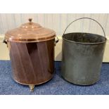 Large Copper Coal Scuttle & Bucket, lidded bucket measures 17" high, raised on three legs,