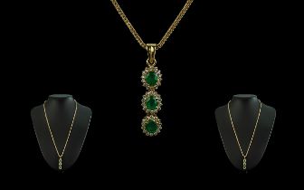 Ladies - Superb Quality 18ct Gold Emerald and Diamond Set Drop Pendant Drop,