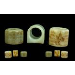 Collection Of Three Oriental Jade Archers Ring, Two With Character Marks,