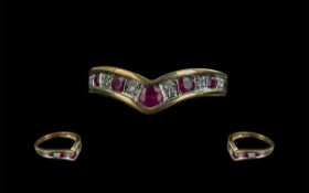 Ladies Attractive 9ct Gold Ruby and Diamond Set Ring, wishbone design,