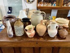 Two Boxes of Stoneware, comprising pots, large jugs and pitchers, pharmaceutical jars, pot in wicker