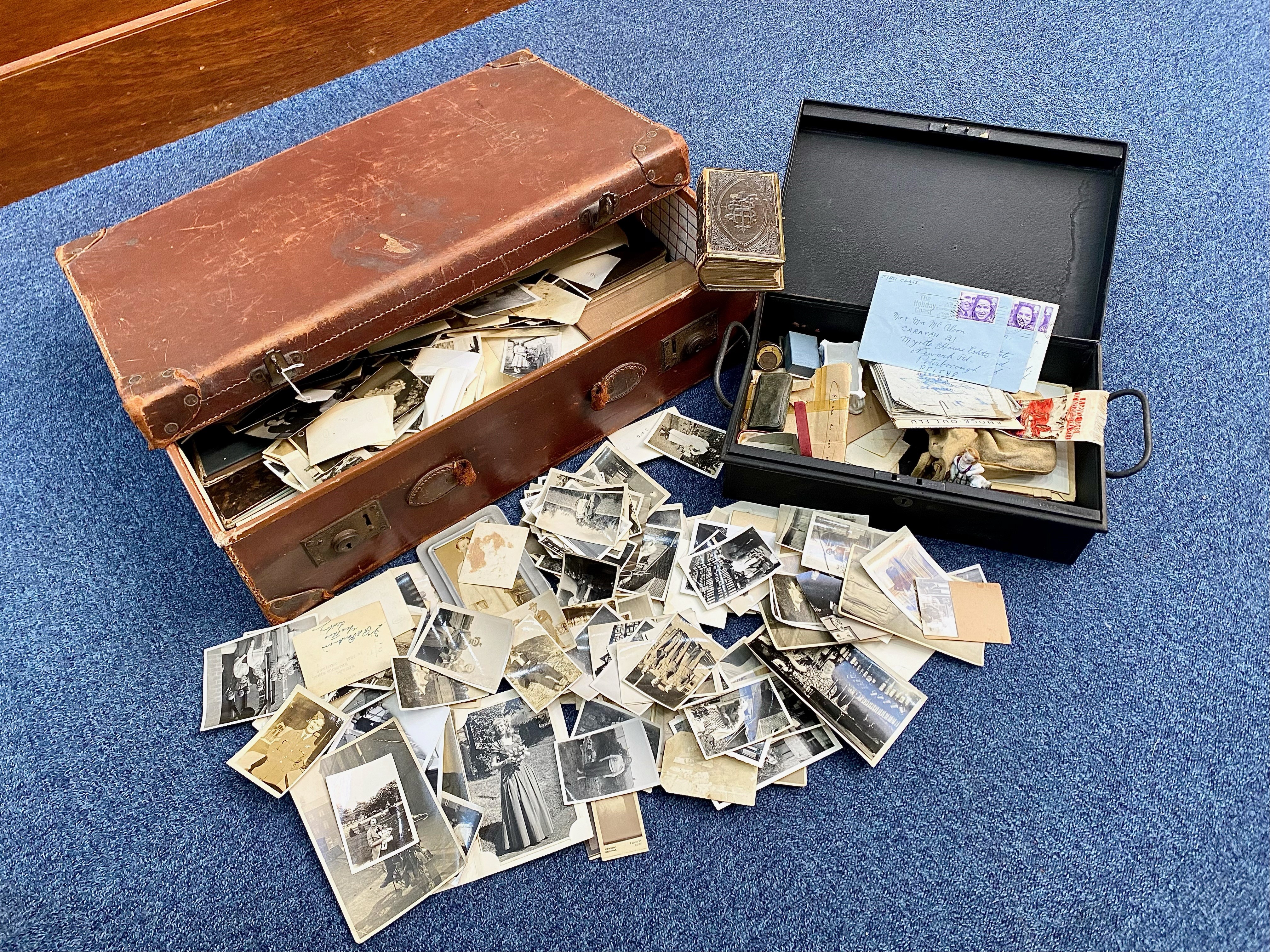 Suitcase Full of Ephemera, including postcards, photographs, vintage book Humours of History,