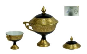 Limoges - France Hand Painted Lidded Bowl - Cup with Handle, Embellished In Gold Decoration,