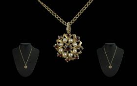 Antique Period - Attractive 9ct Gold Garnet / Pearl Set Pendant, Attached to a 9ct Gold Chain.