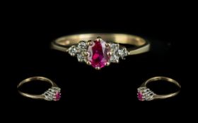 Ladies 9ct Gold Attractive Petite Ruby and Diamond Set Ring. Full Hallmark to Shank.