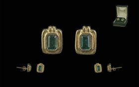 Ladies - Attractive Pair of 18ct Gold Emerald Set Earrings. Marked 18ct.