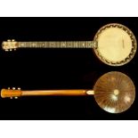 Windsor Banjo, five string, decorated with mother of pearl to the neck.