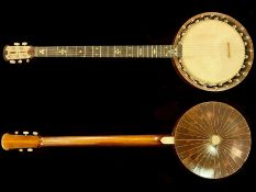 Windsor Banjo, five string, decorated with mother of pearl to the neck.