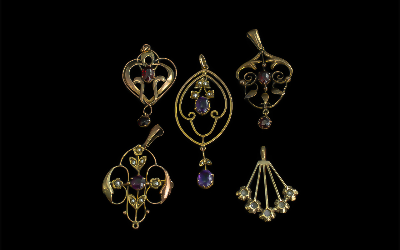 Antique Period Collection of Various 9ct Gold Open worked Stone Set Pendants ( 5 ) In Total.