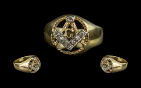 9ct Gold Diamond Set Gent's Masonic Ring. Full hallmark to shank, ring size V.