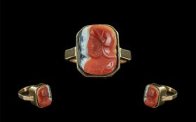 Antique Period 9ct Gold Interesting Raised Carved Agate Cameo Double Portrait Bust Ring, Depicts the