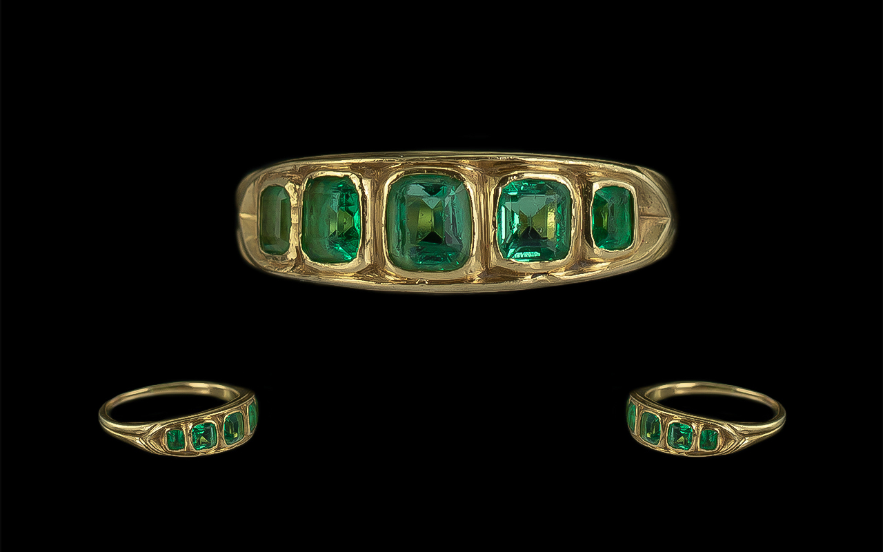 Antique Period Attractive 18ct Gold Five Stone Emerald Set Ring,