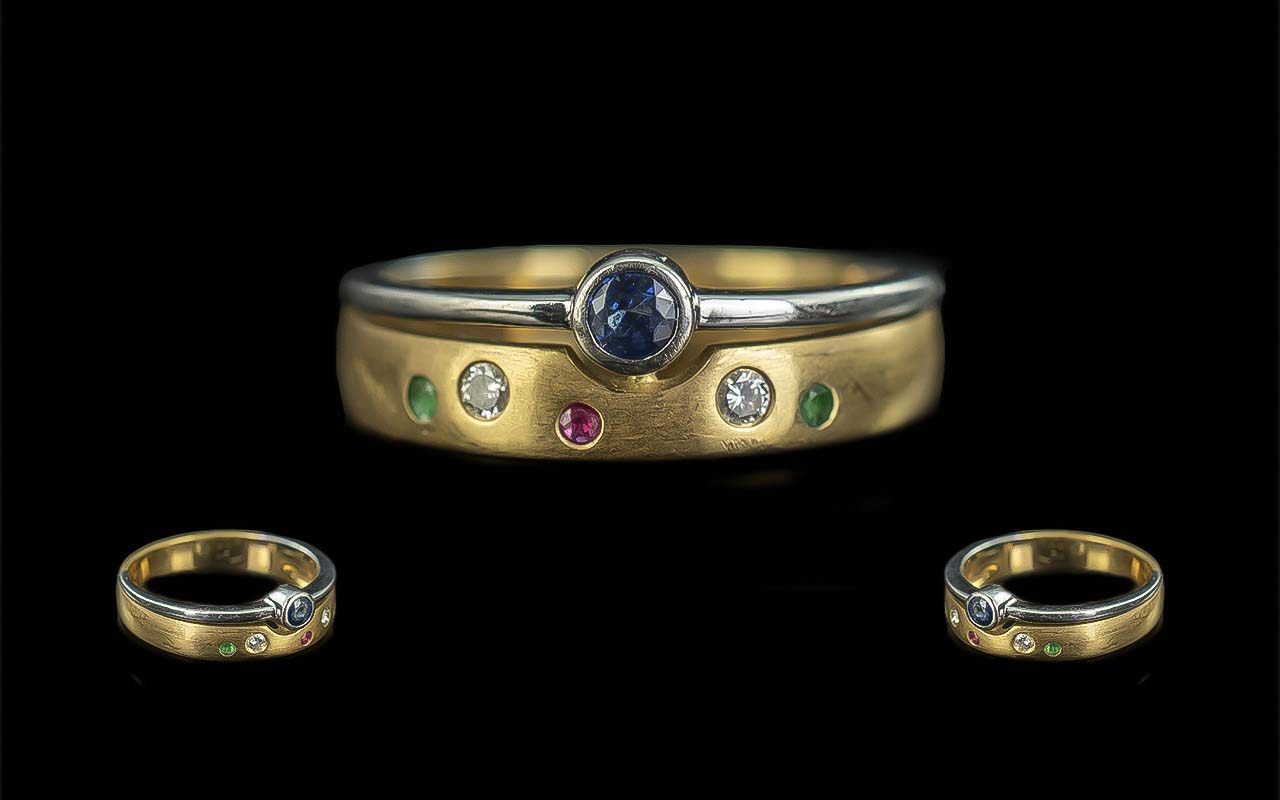 18ct Gold - Attractive and Signed Two Band - White / Yellow Gold Ring, Set with Emeralds, Rubies,