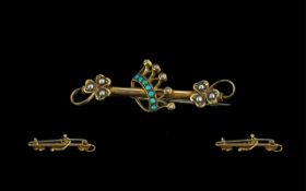 Antique Period Gold Coronet Brooch (Ornate) - Set With Turquise and Seed Pearl.