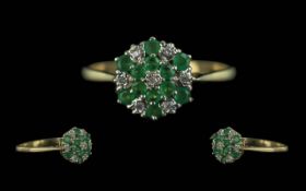 9ct Gold Emerald & Diamond Ring, flowerh