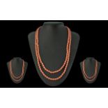 A Good Quality Mediterranean Natural Coral Beaded Necklace of Long Length. With 9ct Gold Clasp /