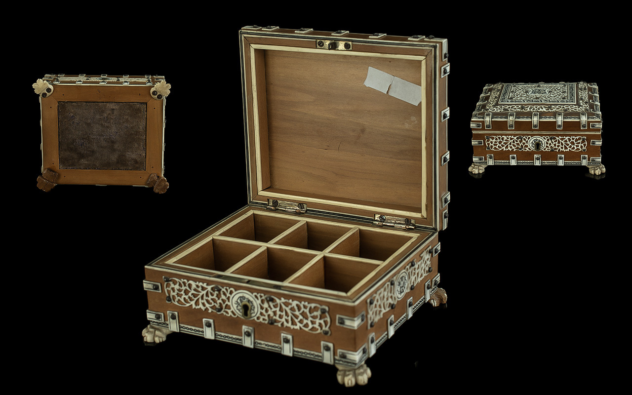 Middle Eastern Sandalwood Box, camel bone applied fretwork decoration throughout, hinge cover