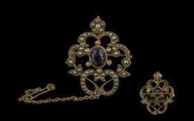 Antique Period - Exquisite 15ct Gold Open worked Ornate Brooch / Pendant with Safety Chain. Set with