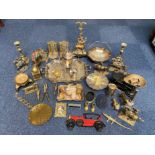 Quantity of Brass & Plated Ware, including horse and rider, doorstop, trivets, candlesticks,