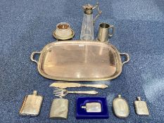 Quantity of Silver Plated Ware, comprising a large twin handled tray, five assorted hip flasks, a