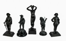 Two Cast Cavalier Figures, depicting gentlemen with swords, 10'' tall, together with three Spelter