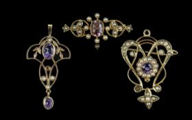 Victorian Period 1837 - 1901 Excellent Trio of 15ct & 9ct Gold Gem Set Pendants / Brooches.