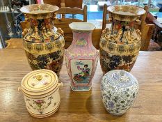 A Mixed Collection Of Pottery to include two Japanese oriental vases, an oriental pink glazed