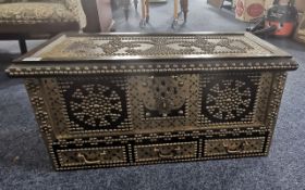 Indian Dowry Chest, brasswork banding and decoration throughout, hinged top with three frieze