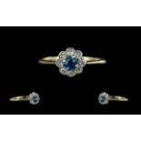 Antique Period Ladies Petite 18ct Gold Sapphire and Diamond Set Cluster Ring, Flower head Design.