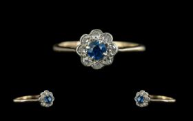 Antique Period Ladies Petite 18ct Gold Sapphire and Diamond Set Cluster Ring, Flower head Design.