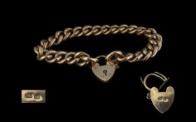 Antique Period 9ct Gold Curb Bracelet with a 9ct Gold Heart Shaped Padlock. All Links Marked for 9ct