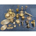 Box of Assorted Metal & Plated Ware, includes candlesticks, tankards, tea pot, dishes, pots, etc.