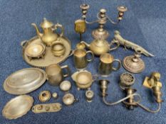 Box of Assorted Metal & Plated Ware, includes candlesticks, tankards, tea pot, dishes, pots, etc.