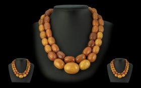 A Superb Early 20th Century Double Strand Butterscotch - Natural Amber Beaded Necklace with Silver